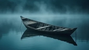 Một chiếc thuyền gỗ cũ kỹ chìm dần xuống lòng hồ tĩnh lặng đại diện cho trải nghiệm mơ thấy chìm thuyền