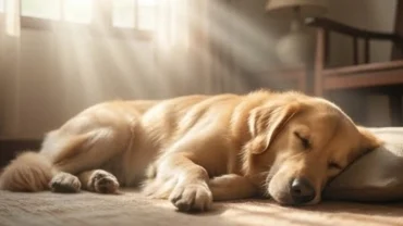 Chú chó vàng hiền lành nằm ngủ say sưa dưới ánh nắng ấm áp đại diện cho điềm báo tốt lành khi mơ thấy chó