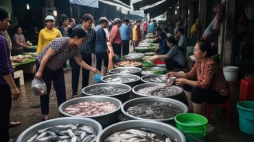 Khung cảnh chợ cá truyền thống nhộn nhịp đại diện cho giấc mơ thấy chợ cá