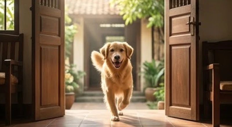 Chú chó vàng khỏe mạnh lon ton chạy vào qua cánh cửa mở rộng mang theo tài lộc và may mắn phong thủy