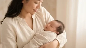 Người mẹ dịu dàng ôm ấp trẻ sơ sinh trong vòng tay mang ý nghĩa tốt lành của giấc mơ thấy cho con bú sữa chảy