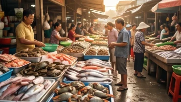 Bối cảnh chợ hải sản nhộn nhịp với các quầy tôm cá tươi sống thể hiện điềm báo tài lộc dồi dào