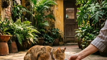 Hình ảnh minh họa ý nghĩa phong thủy và tâm lý khi mơ thấy cho mèo ăn trong không gian truyền thống Việt Nam
