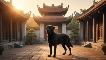Chú chó đen hiền lành vẫy đuôi trước sân nhà mang ý nghĩa giải mã giấc mơ thấy chó mực chân thực