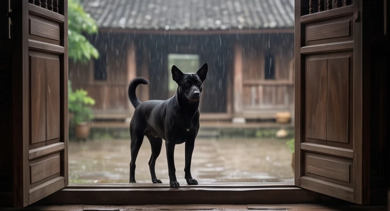 Sổ mơ là gì: Bản chất dân gian và ranh giới tâm lý học 6 Con chó lông đen chạy hiếu kỳ qua bậu cửa gỗ truyền thống dưới trời mưa