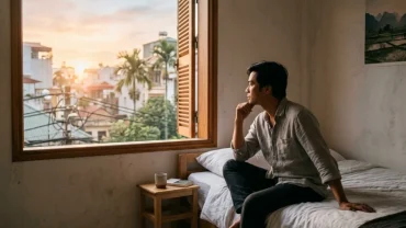 Hình ảnh một người đàn ông Việt Nam ngồi suy tư bên cửa sổ phòng ngủ lúc bình minh sau khi mơ thấy chơi gái