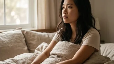 Người phụ nữ Á Đông suy tư tỉnh giấc trên chiếc giường êm ái sau khi mơ thấy chồng