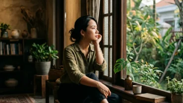Hình ảnh người phụ nữ lo lắng suy tư bên cửa sổ khi mơ thấy chồng có bồ phản ánh tâm lý bất an trong hôn nhân