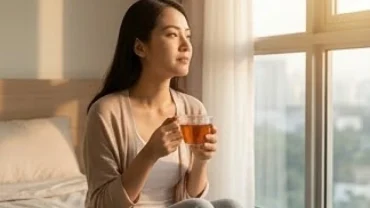 Người phụ nữ trầm ngâm bên cửa sổ ngập nắng sau khi mơ thấy chồng có bồ, phản ánh tâm lý bất an