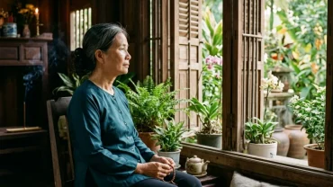 Hình ảnh người phụ nữ Việt Nam tĩnh tâm suy ngẫm khi mơ thấy chồng đã mất hiện về trong không gian ấm cúng
