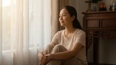 Người phụ nữ Việt Nam tĩnh tâm suy tư bên ánh nến ấm áp xoa dịu nỗi đau sau khi mơ thấy chồng đã mất