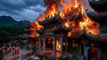 Hình ảnh minh họa ý nghĩa tâm linh và tâm lý học khi bạn mơ thấy chùa bị cháy trong đêm tối