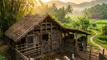 Chuồng nuôi heo truyền thống bằng gỗ kiên cố tại vùng nông thôn Việt Nam gợi nhắc điềm báo mơ thấy chuồng heo
