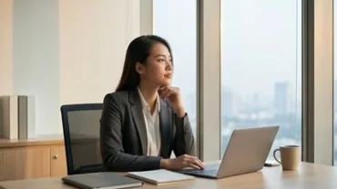 Người phụ nữ làm việc tại văn phòng với suy tư về việc chuyển chỗ làm mới