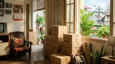 Những chiếc thùng carton chứa đồ đạc trong phòng khách minh họa cho điềm báo khi bạn mơ thấy chuyển nhà