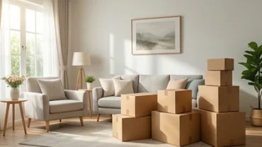Các thùng carton đóng gói cẩn thận giữa phòng khách ngập nắng đại diện cho giấc mơ thấy chuyển nhà