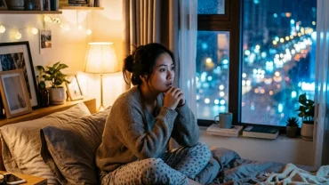 Một người thức giấc lo âu trong phòng ngủ tối sau khi mơ thấy có người muốn hại mình