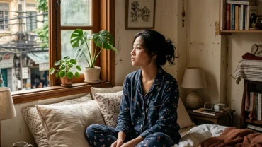 Một cô gái Việt Nam thức giấc giữa đêm trong phòng ngủ Hà Nội sau khi mơ thấy có người theo đuổi mình