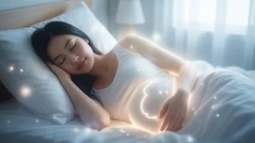 Người phụ nữ chìm trong giấc ngủ bình yên và mơ thấy có thai với ánh sáng dịu nhẹ ấm áp