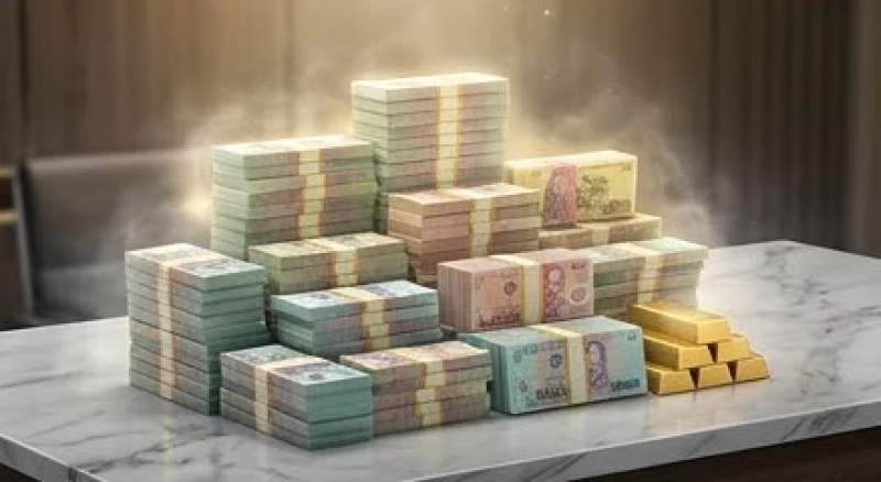 Khối lượng lớn tiền mặt và vàng thỏi xếp chồng lên nhau tượng trưng cho khát vọng lớn