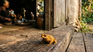Chú cóc vàng phong thủy nhảy qua bậc cửa ngôi nhà gỗ Việt Nam tái hiện lại điềm báo khi mơ thấy cóc vào nhà