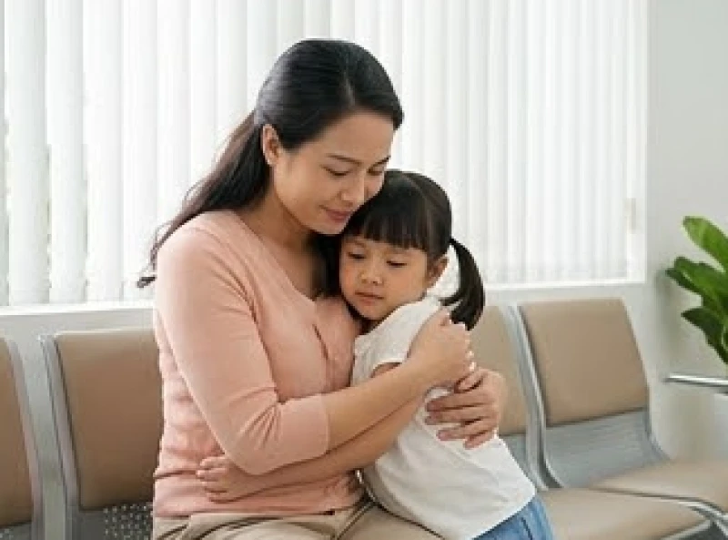 Người mẹ dịu dàng ôm đứa con nhỏ vào lòng trong khu vực chờ của phòng khám nhi khoa