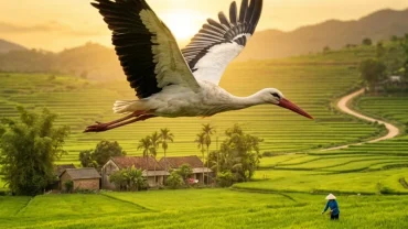 Con cò trắng sải cánh bay trên đồng lúa mộc mạc đại diện cho điềm báo khi mơ thấy con cò