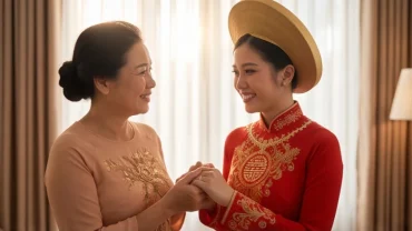 Người mẹ âu yếm nắm tay con gái trong trang phục áo dài cưới truyền thống màu đỏ rực rỡ tại lễ vu quy