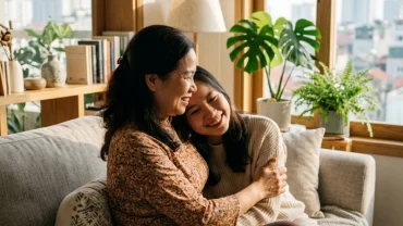 Người mẹ Việt ngồi trò chuyện cùng con gái trong phòng khách ấm cúng sau khi mơ thấy con gái mình có bầu
