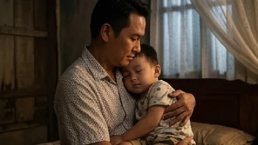 Người cha ân cần bế con trai ngủ say trên giường gợi nhắc đến giấc mơ thấy con trai của mình bình yên