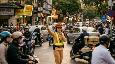 Hình ảnh người đàn ông ngủ mơ thấy công an giao thông đang làm nhiệm vụ phân luồng xe cộ đông đúc trên đường phố Việt Nam