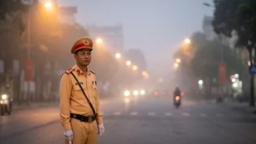 Cảnh sát giao thông mặc đồng phục màu vàng đang điều tiết xe cộ trên đường phố trong một giấc mơ thấy công an giao thông
