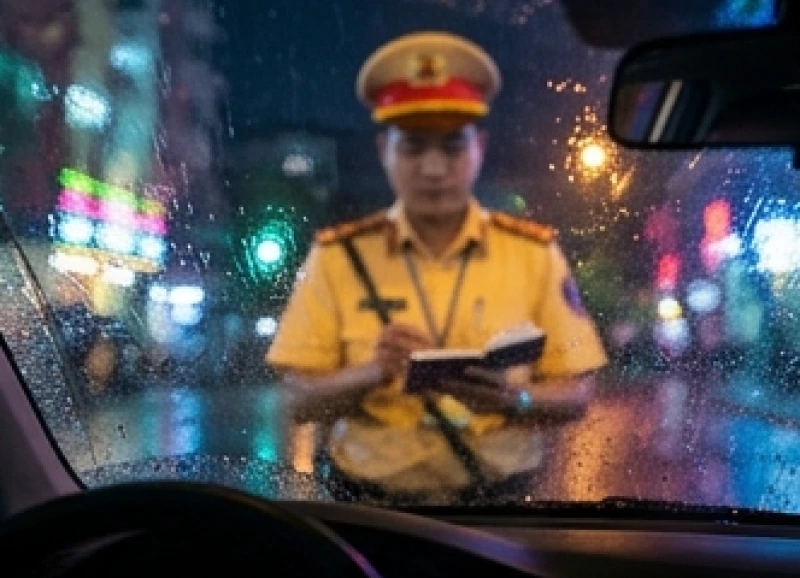 Viên cảnh sát giao thông áo vàng đang cầm sổ phạt hiện lên mờ ảo trong tâm trí người lái xe