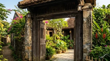 Cánh cổng gỗ truyền thống Việt Nam mở hé dưới nắng mai minh họa điềm báo mơ thấy cổng nhà