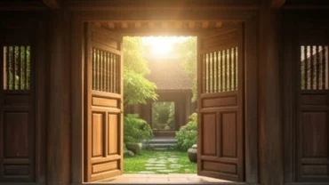 Cánh cổng nhà gỗ truyền thống thanh bình tượng trưng cho điềm báo trong giấc mơ thấy cổng nhà