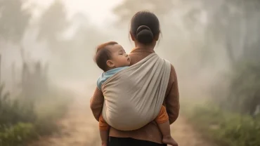 Bóng lưng một người đang cõng em bé chìm trong không gian mờ ảo mộng mị khi nằm mơ thấy cõng trẻ con