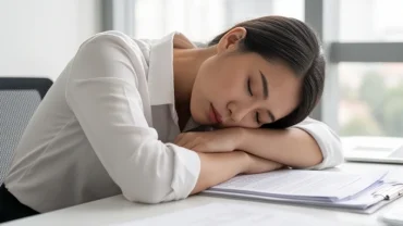 Người nhân viên mệt mỏi ngủ gục trên bàn khi mơ thấy công việc không thuận lợi