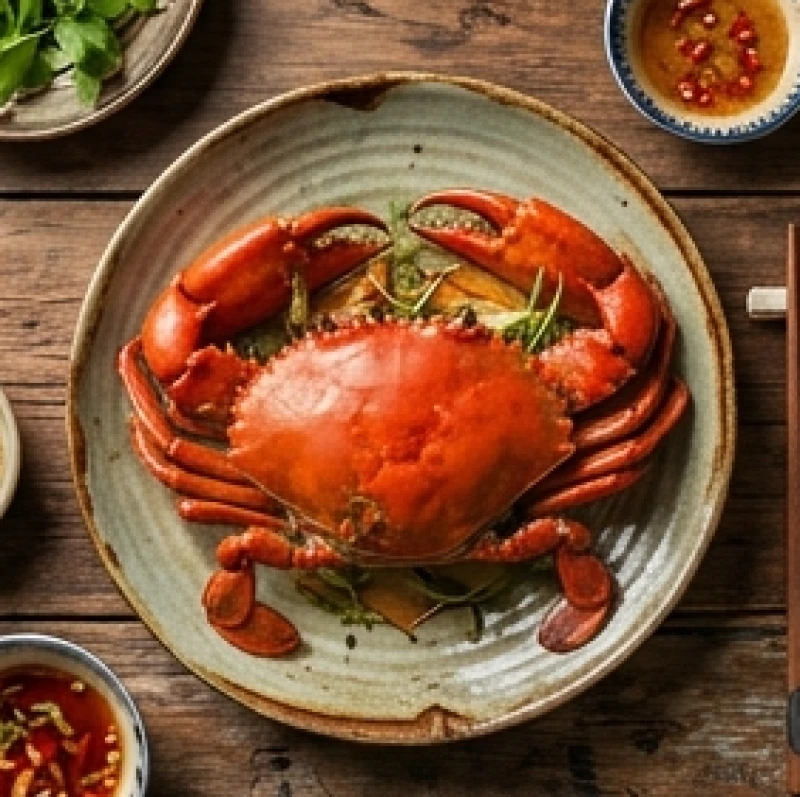 Mơ Thấy Cua Biển Là Điềm Gì? Giải Mã Bối Cảnh & Bộ Số Tài Lộc 5 Màu đỏ rực rỡ của con cua biển đã được luộc chín đặt trên đĩa sứ tinh tế