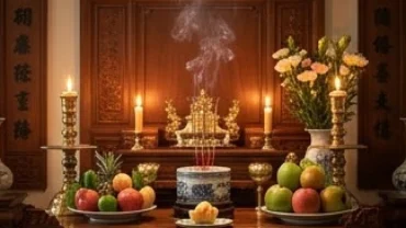 Không gian thờ cúng linh thiêng với nhang đèn cháy sáng khi mơ thấy cúng bái thờ cúng gia tiên