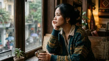 Người phụ nữ Việt Nam ngồi suy tư bên cửa sổ phòng ngủ ấm áp sau khi mơ thấy cưới chồng trong giấc chiêm bao