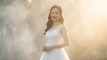 Cô dâu mặc váy cưới trắng mỉm cười rạng rỡ trong khung cảnh mờ ảo tượng trưng cho giấc mơ thấy cưới chồng
