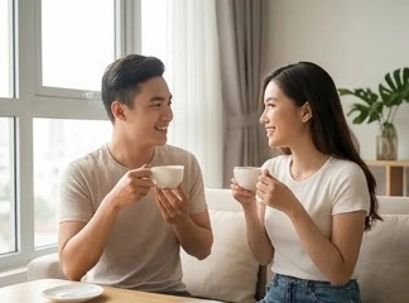 Hai vợ chồng trẻ ngồi uống trà và mỉm cười trò chuyện vui vẻ bên cửa sổ ngập nắng
