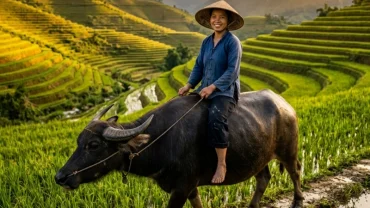 Hình minh họa chân thực một người đang mỉm cười đầy tự tin khi mơ thấy cưỡi trâu giữa cánh đồng lúa bát ngát