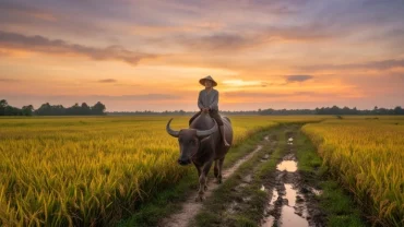 Khung cảnh thanh bình gợi nhớ giấc mơ thấy cưỡi trâu với người nông dân thong dong trên đồng cỏ
