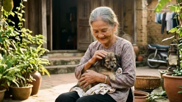 Hình ảnh một người đang ân cần chăm sóc chú chó nhỏ thể hiện ý nghĩa của giấc mơ thấy cứu chó trong phong thủy