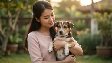 Người phụ nữ ân cần che chở một chú chó nhỏ, đại diện cho điềm báo cát lành và sự chữa lành khi mơ thấy cứu chó