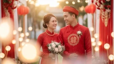 Cô dâu và chú rể mặc áo dài đỏ truyền thống trao nhau nụ cười hạnh phúc trong bối cảnh mơ thấy đám cưới
