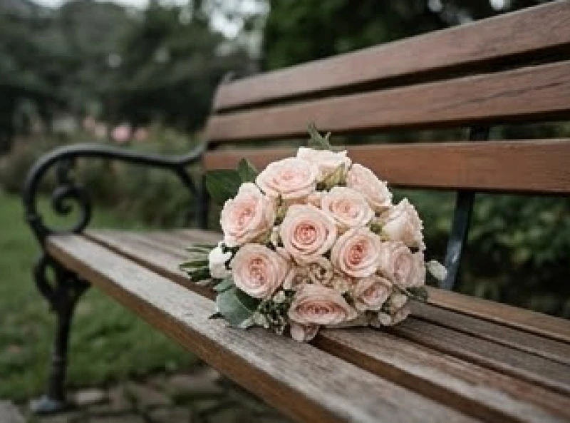Bó hoa cưới bằng hoa hồng nhạt bị bỏ quên trên băng ghế gỗ trống trải