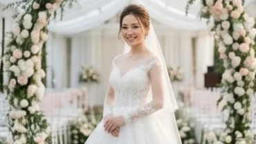 Cô dâu mỉm cười rạng rỡ trong bộ váy cưới lộng lẫy trên lễ đường phản ánh giấc mơ thấy đám cưới của mình viên mãn