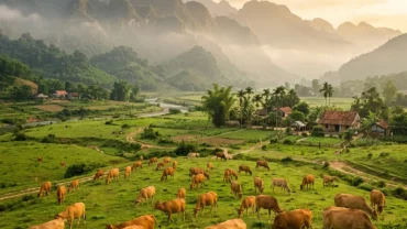 Đàn bò vàng gặm cỏ yên bình trên đồng cỏ xanh ngát tại nông thôn Việt Nam gợi nhớ giấc mơ thấy đàn bò tài lộc